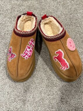 Genuine Sheepskin Leather Cozy Mule Slippers Brown Pink Patches EU 39 US 8